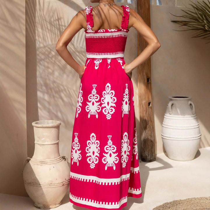 Damen Maxikleid mit elastischem Oberteil und detailliertem Muster Drune