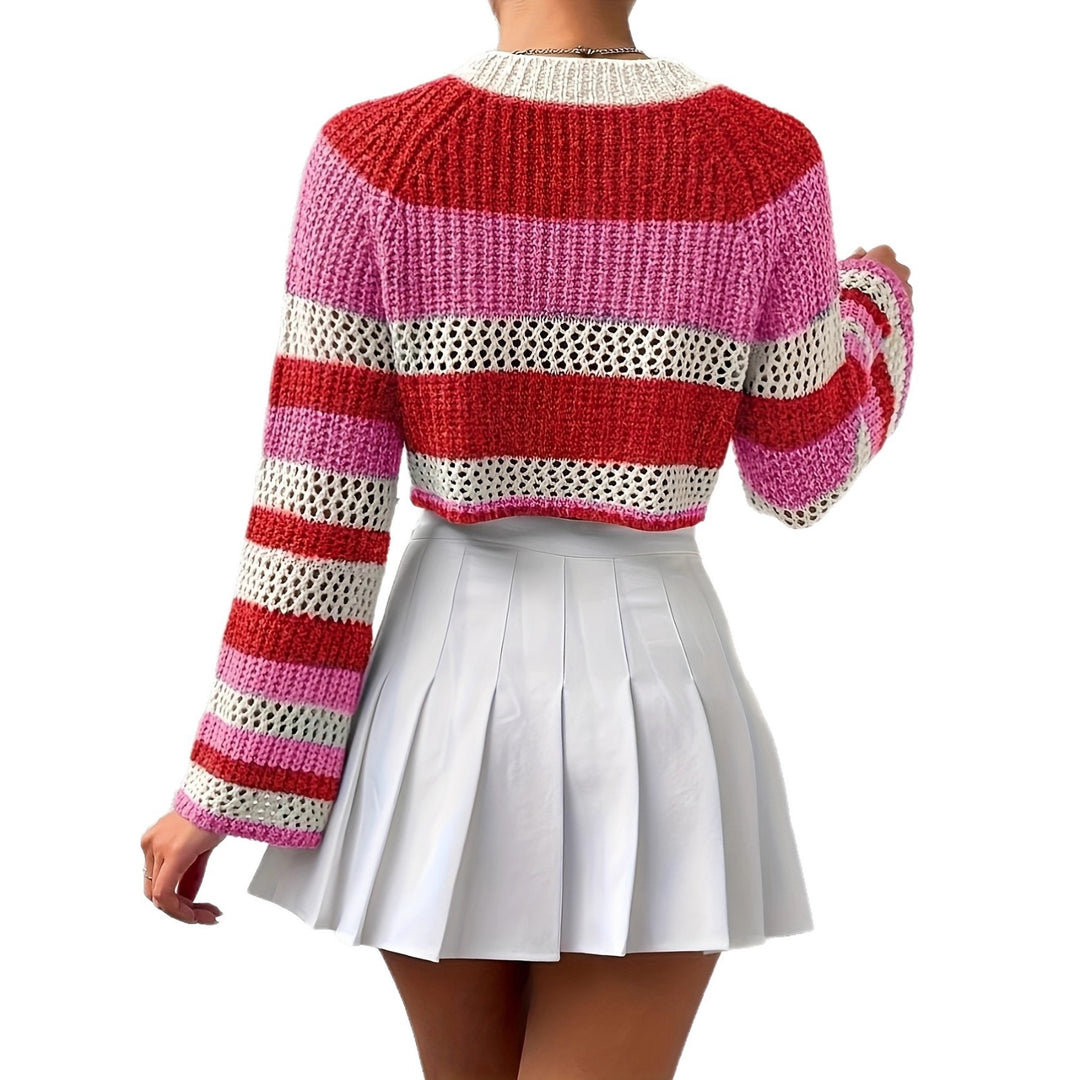 Damen Strickpullover mit verspieltem Lochmuster und bunten Streifen Drune