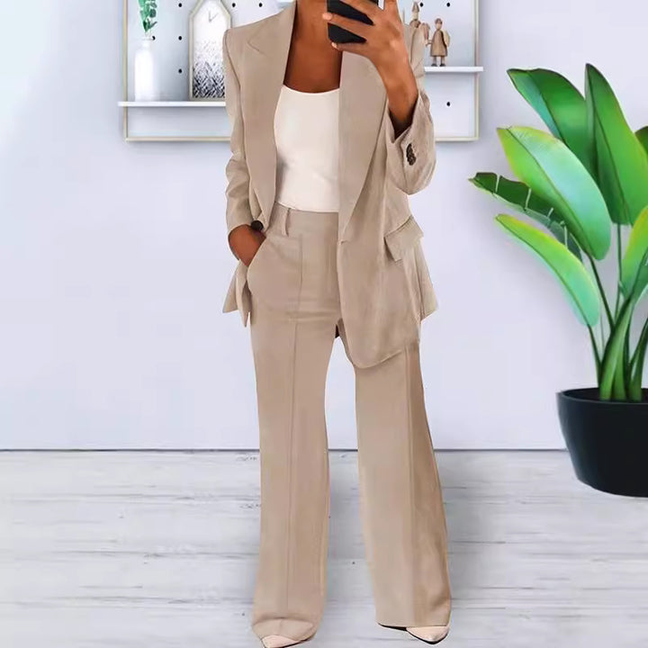 Damen nan bürotaugendes Hosenanzug Set mit weiter Hose und tailliertem Blazer Drune