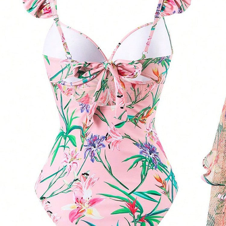 Damen Einteiler Badeanzug mit Rüschendetails und floralem Wickelrock Drune