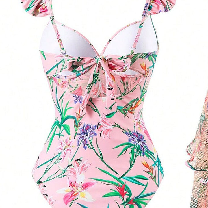 Damen Einteiler Badeanzug mit Rüschendetails und floralem Wickelrock Drune
