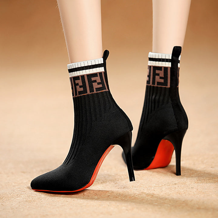 Damen nan elegante Strick-Socken-Stiefelette mit schmalem Stilettoabsatz und elastischem Schaft Drune