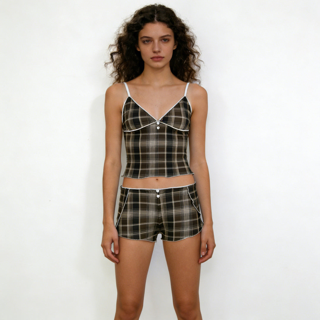 Damen Schlafanzug mit Karomuster und elegantem Spitzendetail Drune