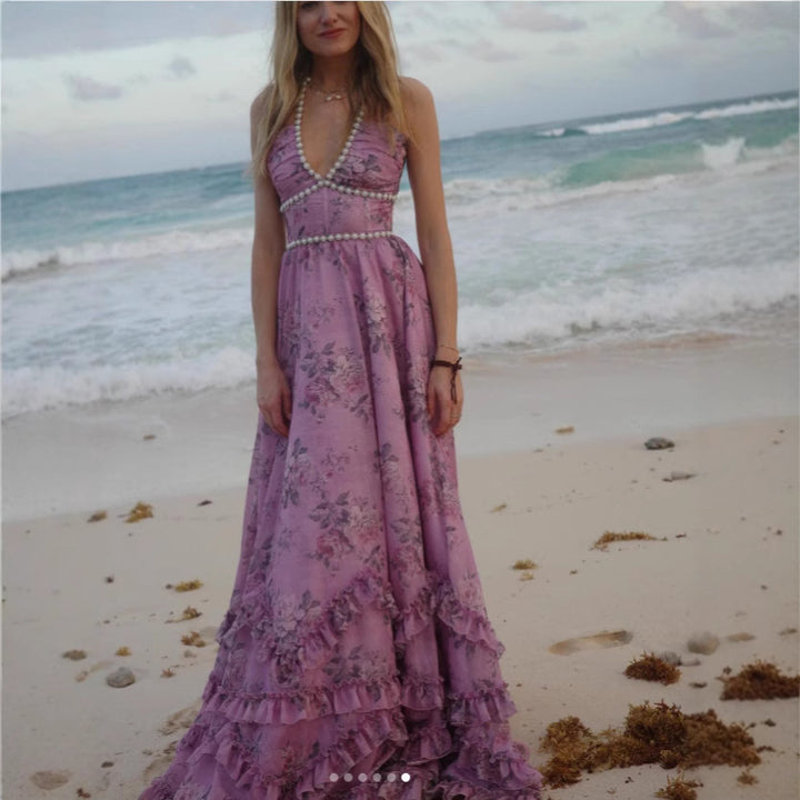 Damen Maxikleid mit raffinierten Rüschen und schimmerndem Stoff Drune