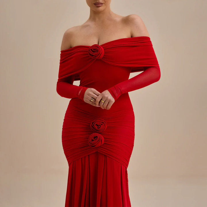Damen Elegantes Wickel-Maxikleid mit Rüschen und Off-Shoulder Design Drune