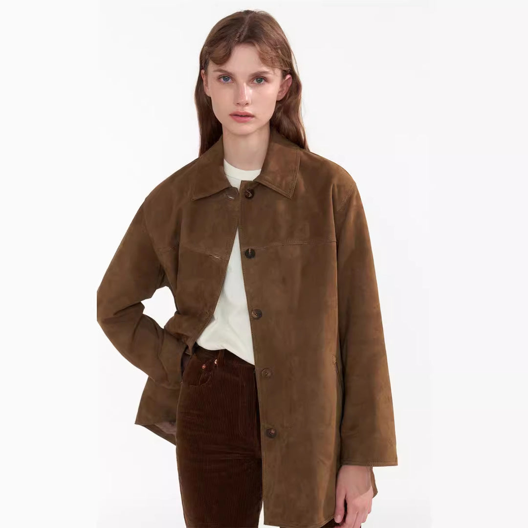Damen Modische Wildlederjacke mit Button-Up-Verschluss Drune