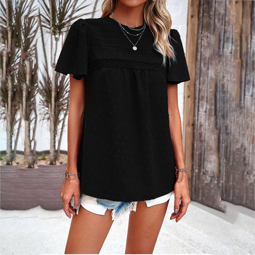 Damen Bluse mit Puffärmeln und dekorativer Spitzenverarbeitung Drune