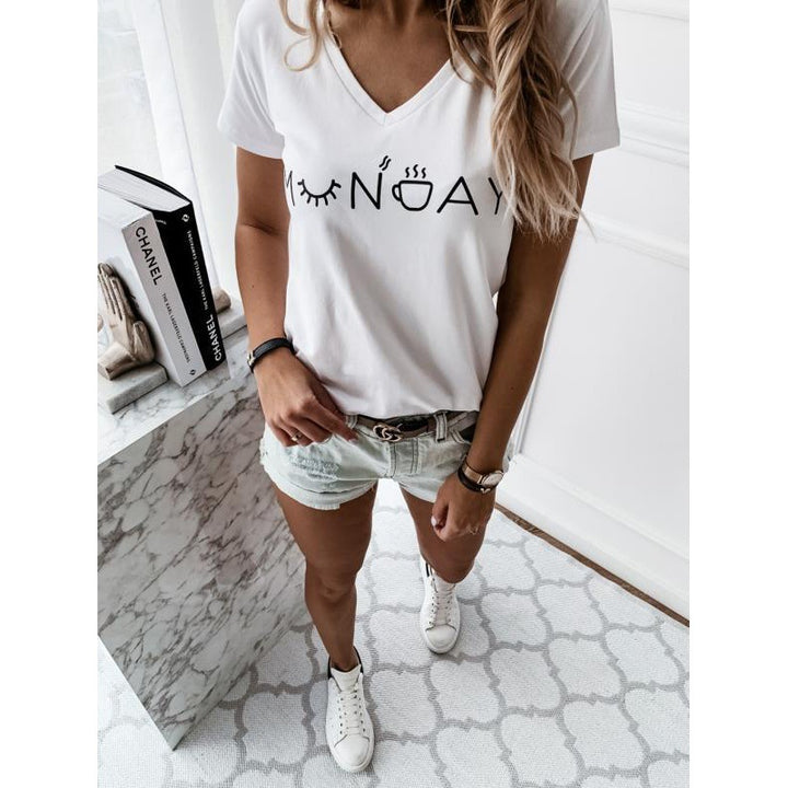 Damen T-Shirt mit kreativem Schriftzug und lässigem V-Ausschnitt Drune
