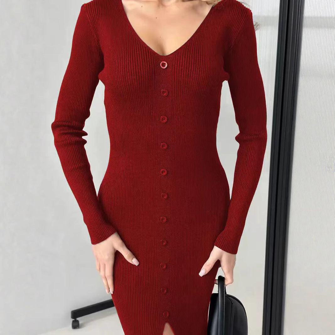 Damen Strickkleid mit hohen Knopfdetails und tiefem V-Ausschnitt Drune
