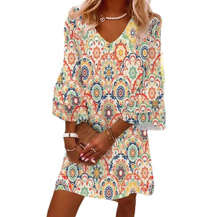 Damen nan kurzes Tunika-Kleid mit V-Ausschnitt, dreiviertel-Glockenärmeln und ornamentalem Mandala-Print Drune