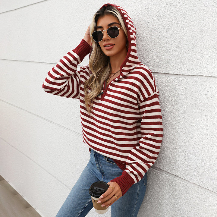 Damen Gestreifter Kapuzensweater mit kurzem Schnitt und komfortablem Material Drune