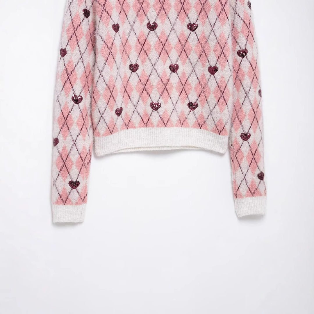 Damen Pullover mit herzförmigem Pattern und Glitzerelementen Drune
