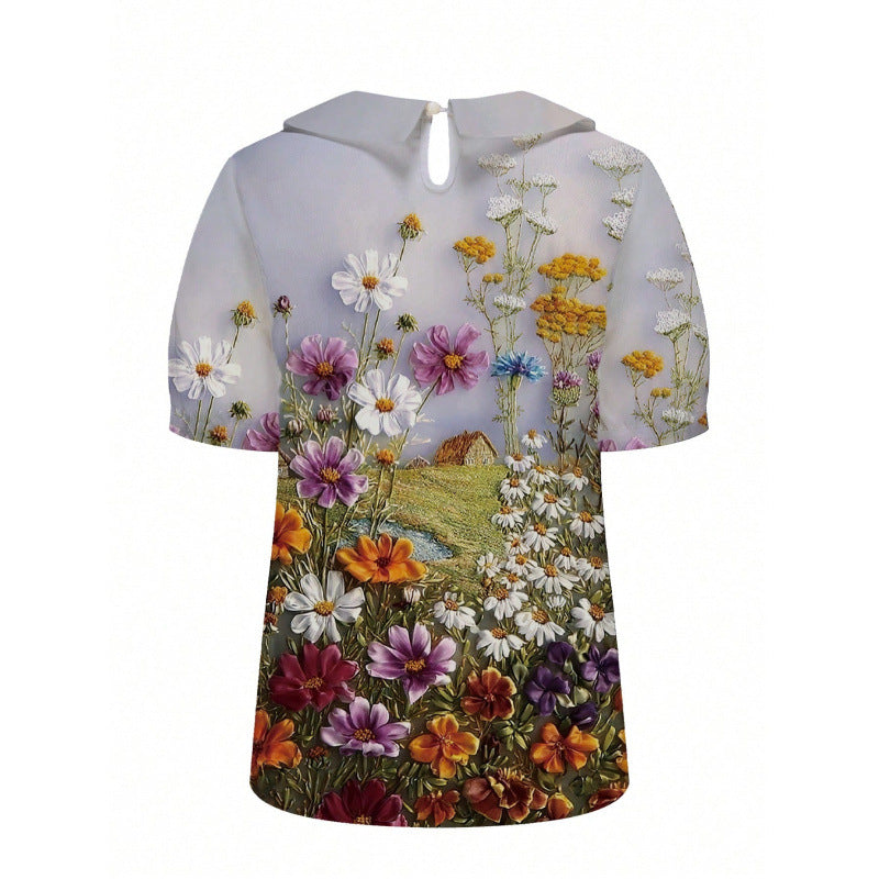 Damen Kurzarmbluse mit floralen Akzenten und klassischem Kragen Drune