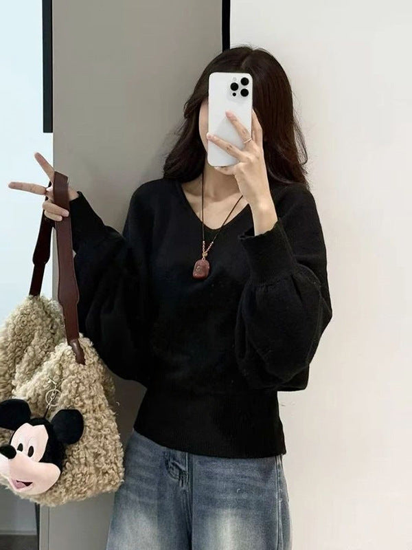 Damen Moderner Pullover mit V-Ausschnitt und wählbarem Bindegürtel Drune