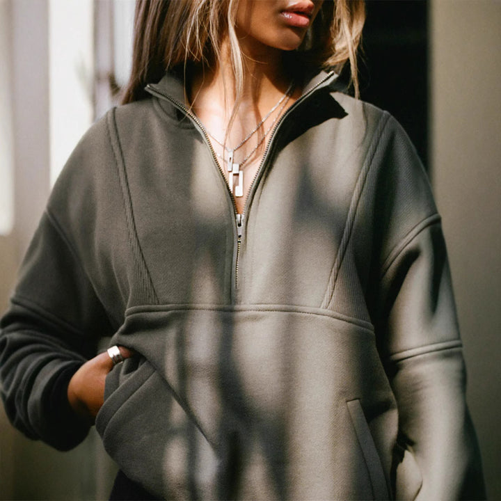 Damen lässiger Stehkragenpullover mit Reißverschluss und elastischen Bündchen Drune