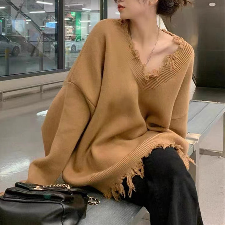Damen lässiger Strickpullover mit fransigem V-Ausschnitt Drune