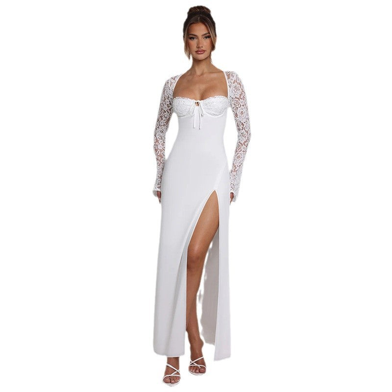 Damen Maxikleid mit Spitzenärmeln und tiefem Schlitz Drune
