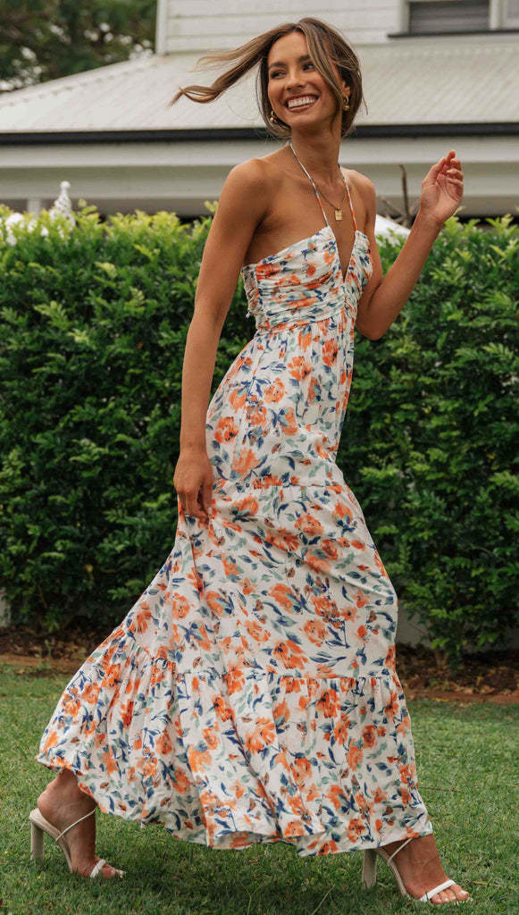 Drune | Lange Seidenmousseline Kleid mit Ärmellosen Nähten und Großem Schwungstil für Frauen
