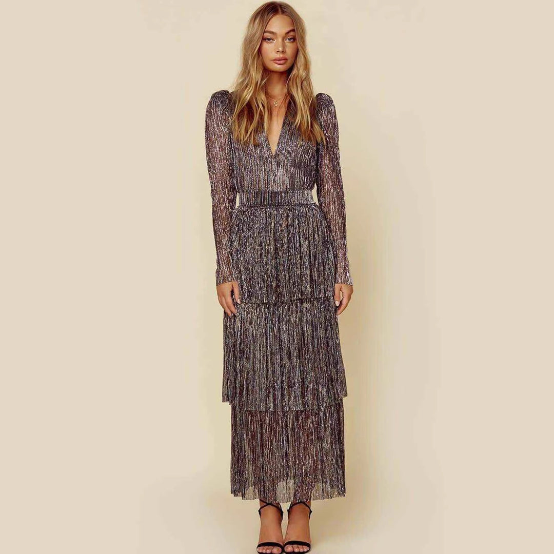 Damen Glamouröses Abendkleid mit schillernden Lagen und V-Ausschnitt Drune