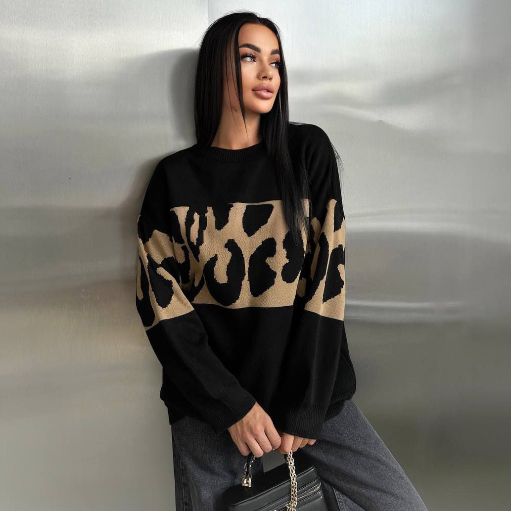 Damen Grobstrickpullover mit modischem Leopardenmuster Drune