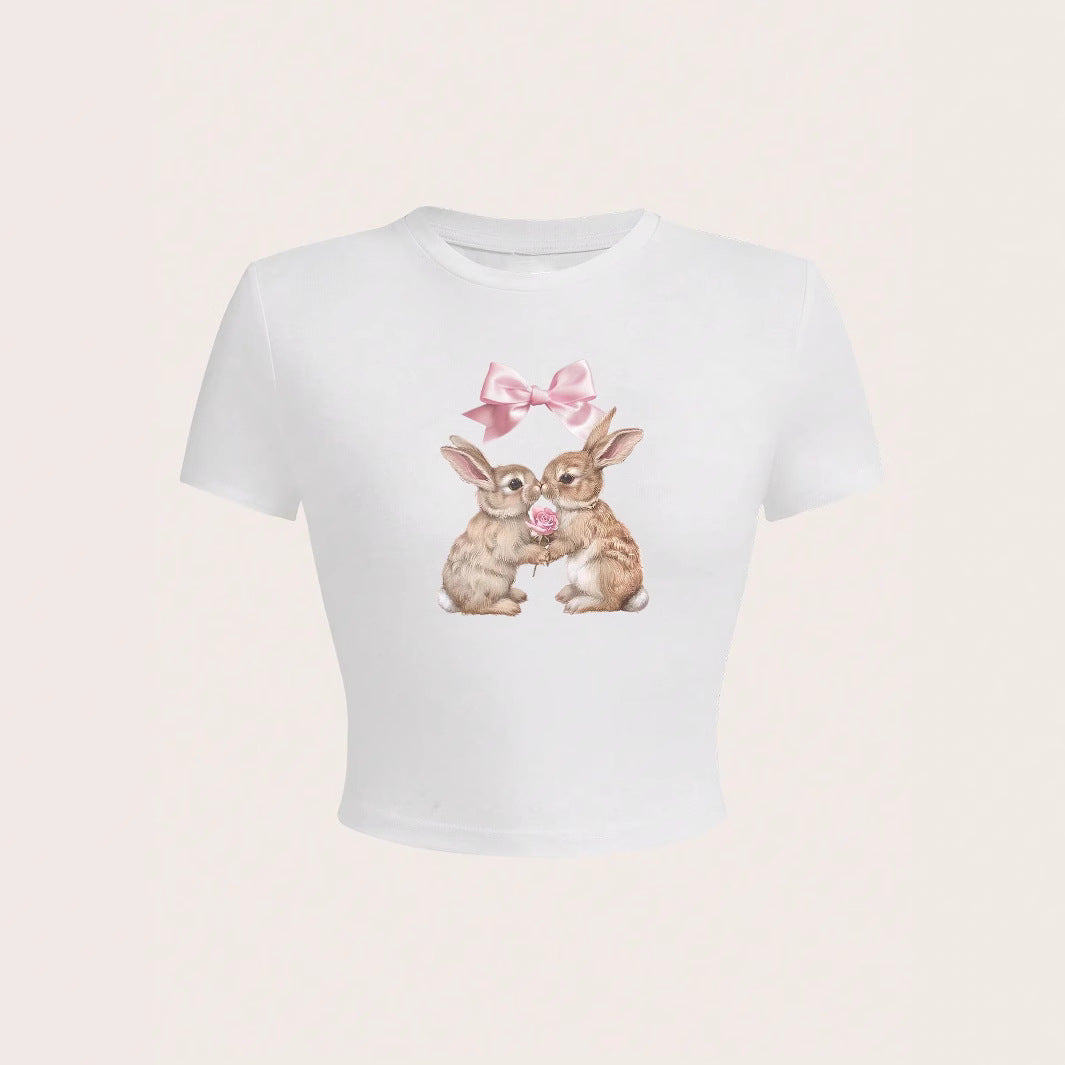 Damen Crop-Top mit entzückendem Kaninchenmotiv und Schleifendruck Drune