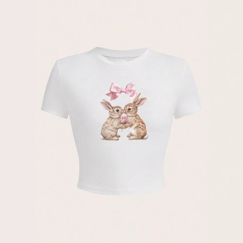 Damen Crop-Top mit entzückendem Kaninchenmotiv und Schleifendruck Drune