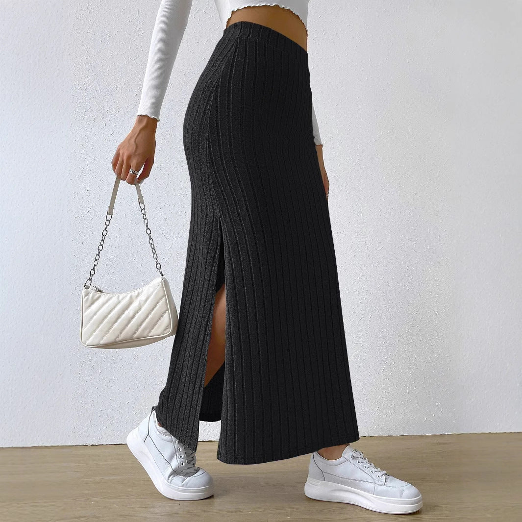 Damen Langer Rippstrickrock mit seitlichem Schlitz und elastischem Bund Drune
