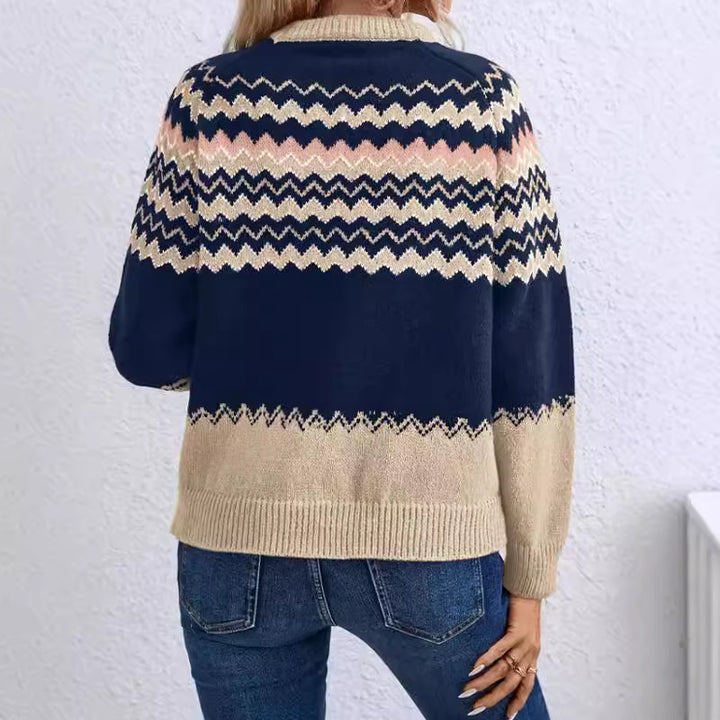 Damen trendiger Strickpullover mit geometrischem Zickzack-Muster und Rundhalsausschnitt Drune