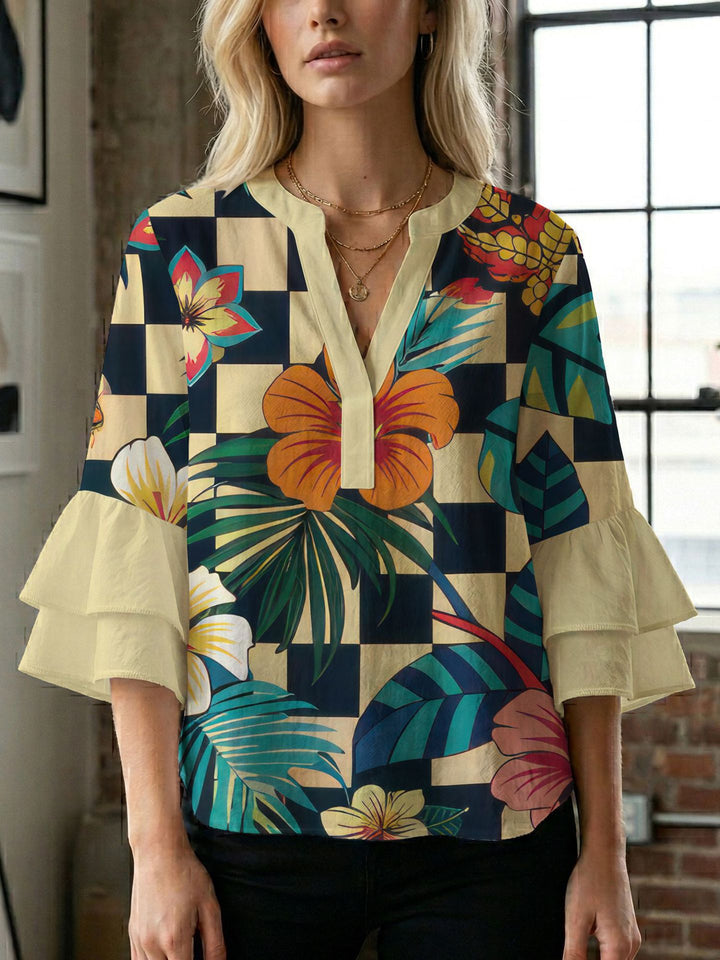 Damen Blusenshirt mit voluminösen Ärmeln und kreativem Druckdesign Drune