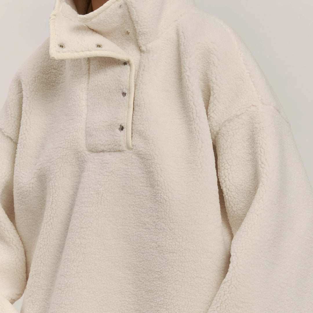 Damen Kuschelige Oversized Fleecejacke mit Stehkragen und Druckknöpfen Drune