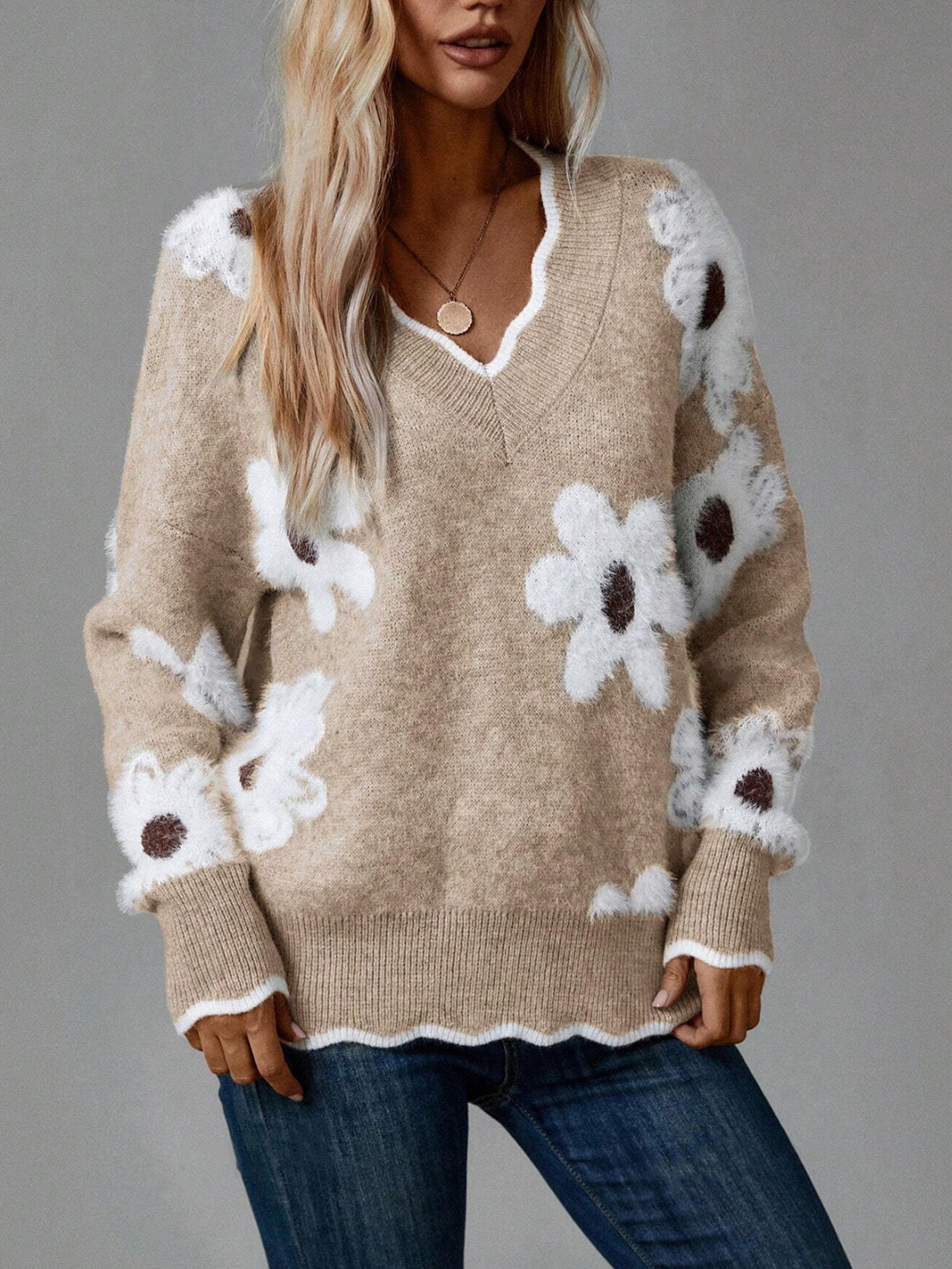 Damen Strickpullover mit floralem Design und glamourösem V-Ausschnitt Drune
