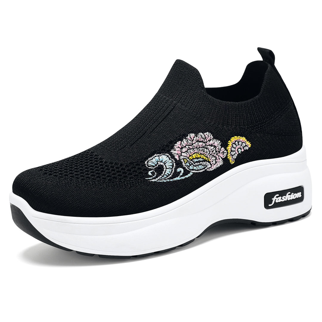 Damen nan elastischer Strick-Slipper mit aufgesticktem Blumenmotiv und stützender Keil-Laufsohle Drune