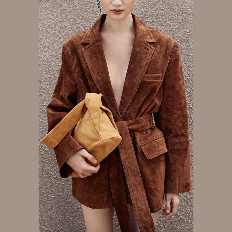Damen Samt Blazerjacke mit Gürtel und eleganter Passform Drune