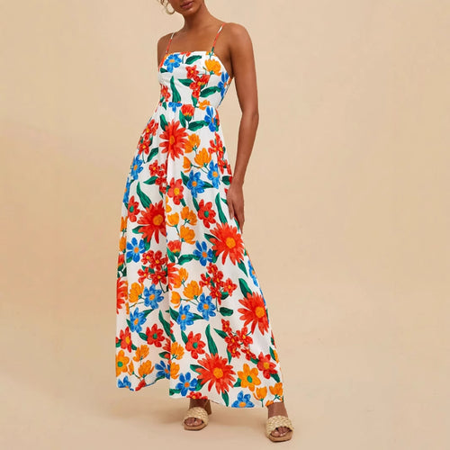 Damen Maxikleid mit buntem Blumenmuster und verstellbaren Trägern Drune