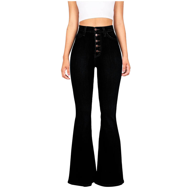 Damen Hohe Taille Flared Jeans mit dekorativen Knöpfen Drune