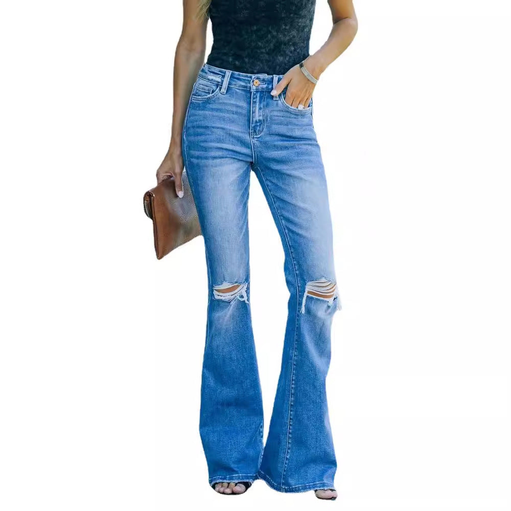 Damen Flared Jeans im Vintage-Stil mit modischen Destroyed-Effekten Drune