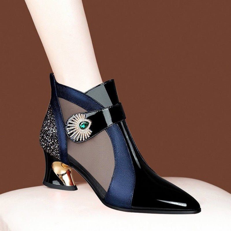 Damen nan elegante Netzstoff-Stiefelette mit Schmuckbesatz und geschwungenem Absatz Drune