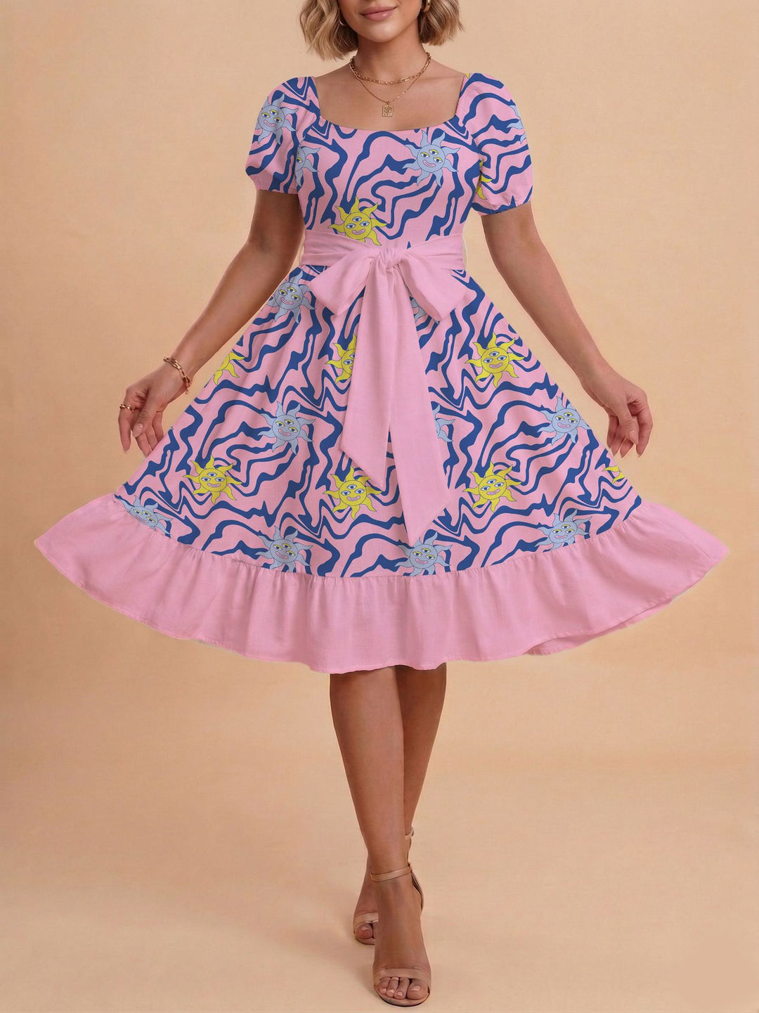 Damen Retro Maxikleid mit Puffärmeln und Taillengürtel Drune