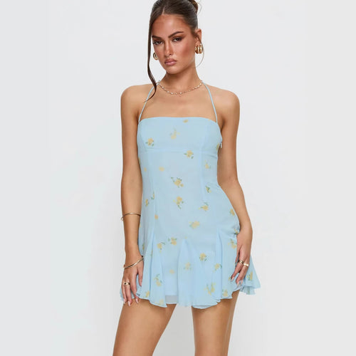 Damen luftiges Spaghetti-Träger Sommerkleid mit floralem Print und schwingendem Rock Drune