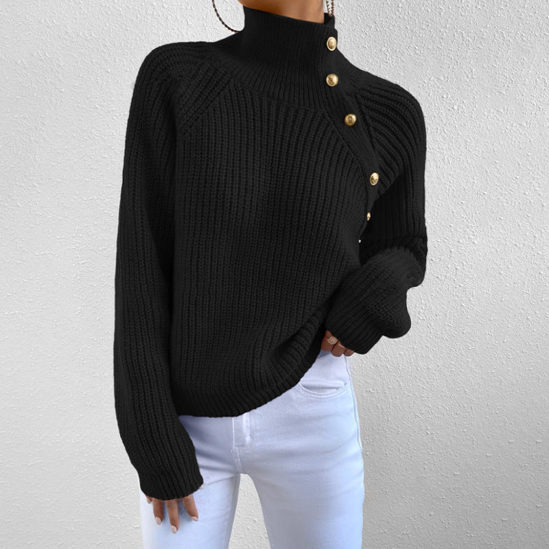Damen Modischer Strickpullover mit hohem Kragen und Knopfdetail Drune