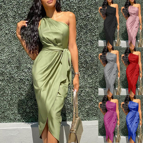 Damen asymmetrisches Satinkleid mit Taillengurt Drune