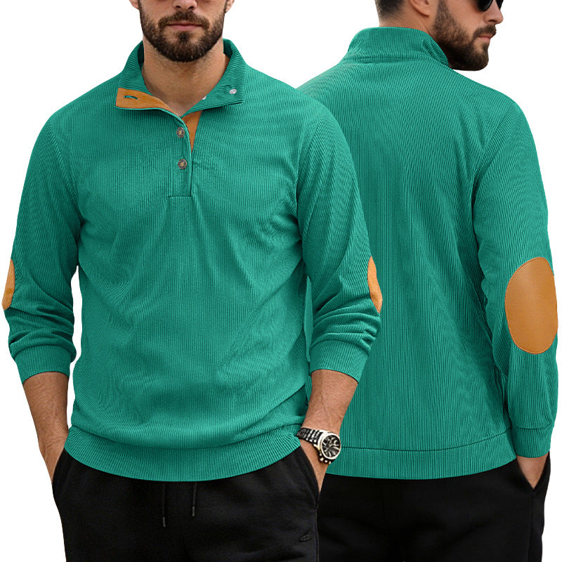 Herren nan lässiger Strukturpullover mit Polokragen, kurzer Knopfleiste und veganen Lederbesätzen Drune