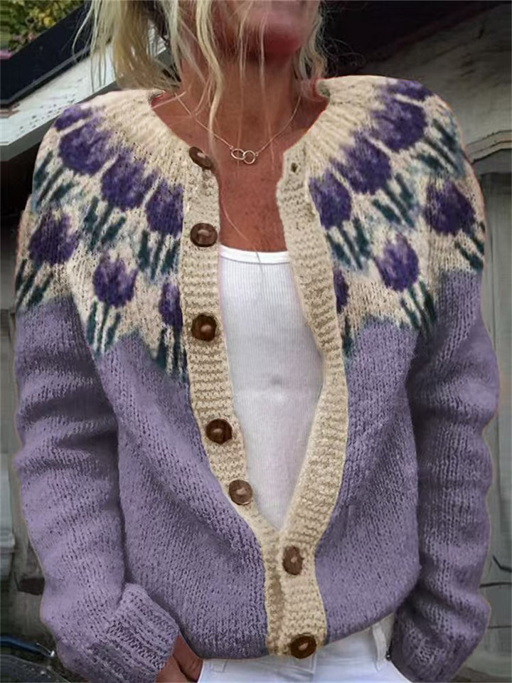 Damen nan gemusterte Strickjacke mit Rundpasse, Holzknöpfen und Eingrifftaschen Drune