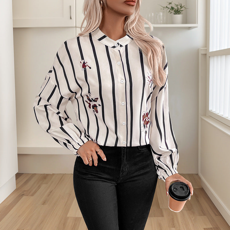 Damen gestreifte Bluse mit eleganten Stickereien und modischen Puffärmeln Drune