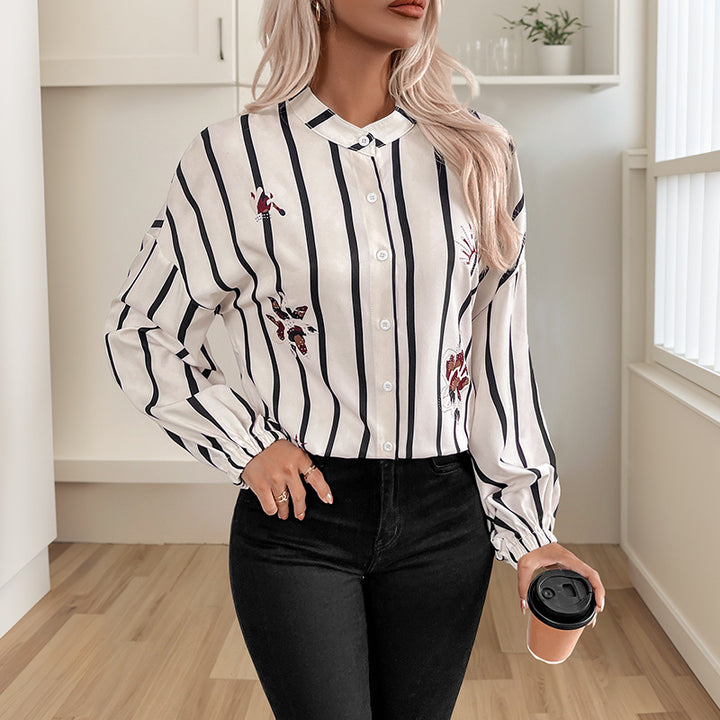 Damen gestreifte Bluse mit eleganten Stickereien und modischen Puffärmeln Drune