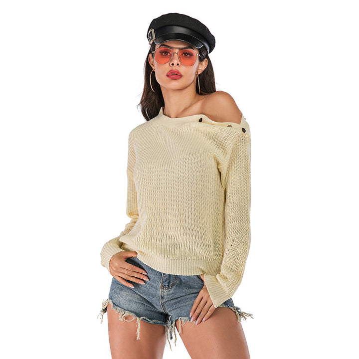 Damen eleganter Strickpullover mit lässigem Off-Shoulder-Design und modischen Knopfdetails Drune