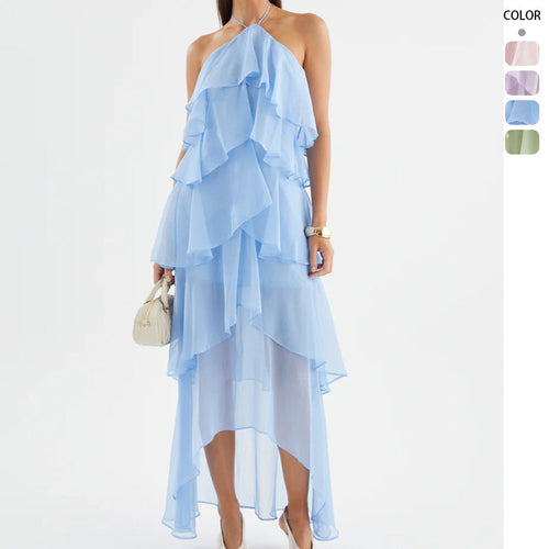 Damen Chiffon Maxikleid mit mehrschichtigen Rüschendetails Drune