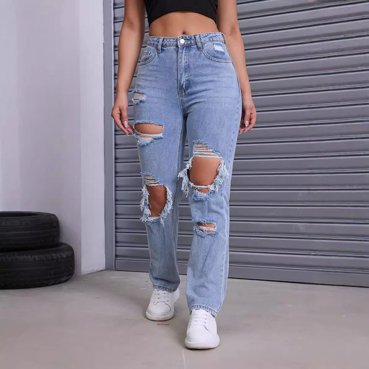 Damen Destroyed Jeans mit modernem High-Waist Schnitt und auffälligen Rissdetails Drune