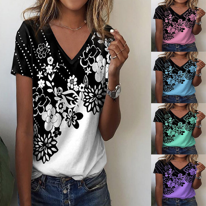 Damen T-Shirt mit floralem Muster und elegantem V-Ausschnitt Drune