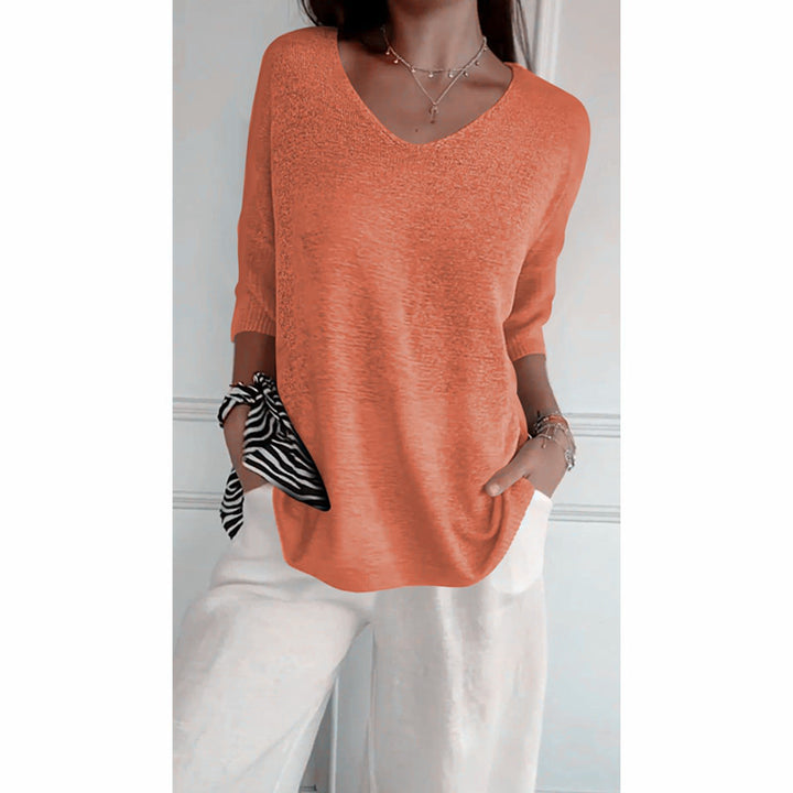 Damen nan locker sitzender V-Ausschnitt Feinstrickpullover mit dreiviertelÄrmeln Drune